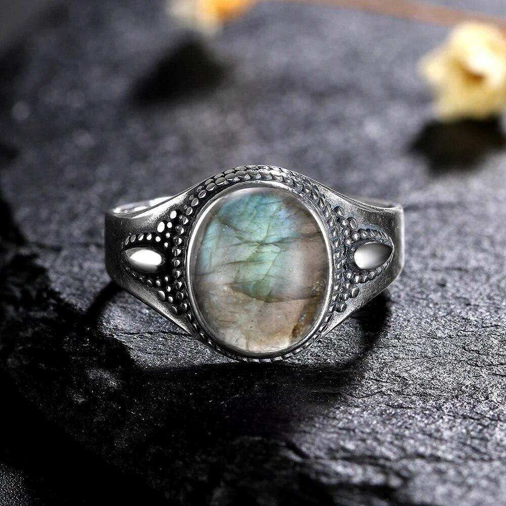 Ring for Women Oval Round Natural Labradorite Ring Gift Sun Shaped Retro Luxury Fashion Jewelry