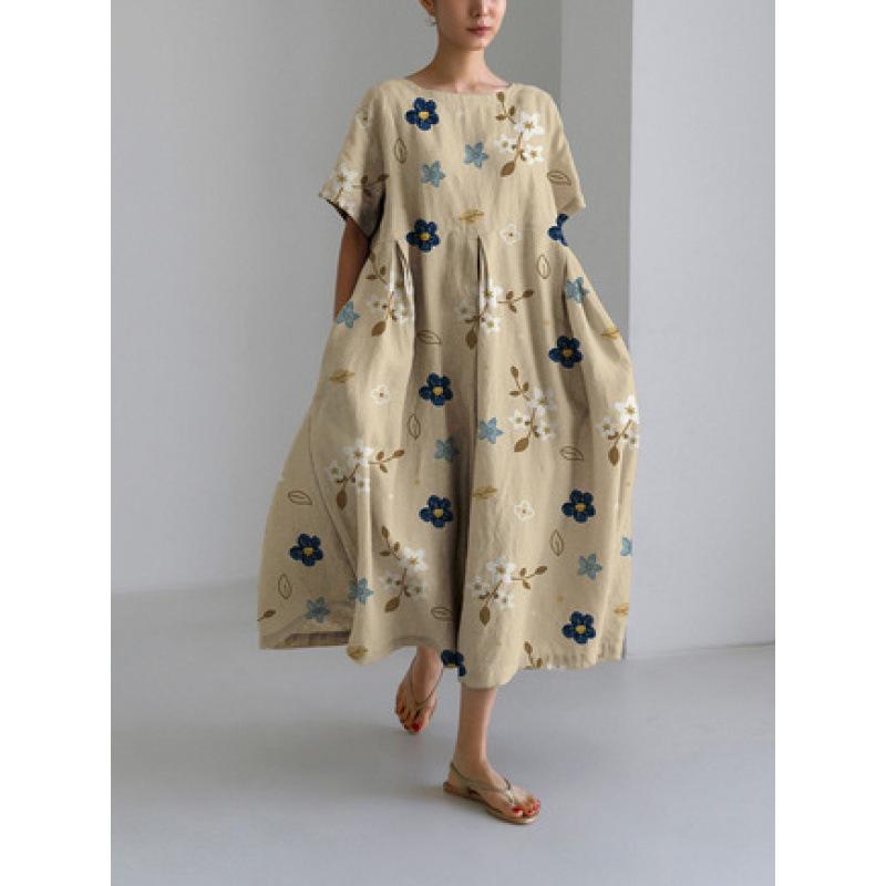Damen Sommer Übergröße Gestreiftes Print Maxikleid, Lässiges Lockeres Rundhals Kurzarm Oversized A-Linien-Kleid