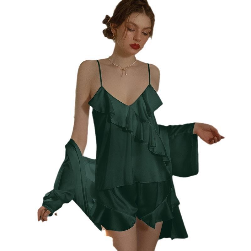 Sexy Pajamas Women's Ice Silk Thin with Chest Pads, Suspenders, Pajamas Three-piece Set, Pure Desire Style Loungewear Can Be Worn Outside