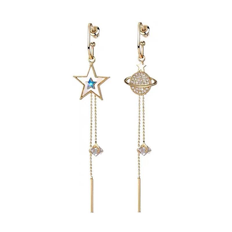 Nouvelles Boucles d'Oreilles Longues Asymétriques à Franges Pentagramme pour Femmes Exquises Boucles d'Oreilles Planète Strass Bijoux de Mariage Fête