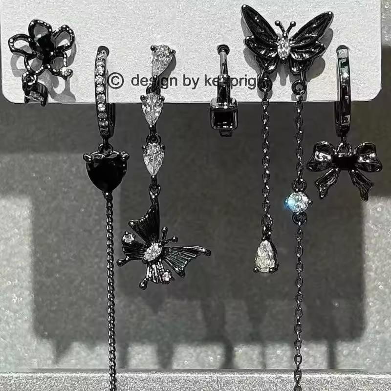 6pcs Set Star Moon Tassel Zircon Dangle Earrings Dark Gothic Trendy Women Man Y2K Punk Jewelry Accessories Hot Selling Wholesale