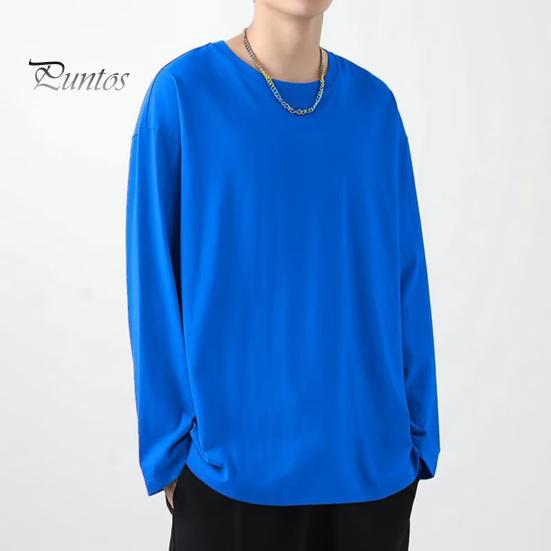 Herren T-Shirt Rundhals Langarm Einfarbig Pullover Tops Lockere Passform Weiches Atmungsaktives T-Shirt Home Gym Street Wear