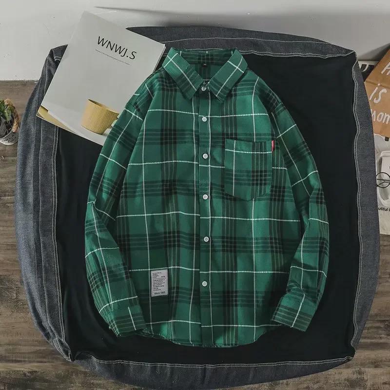 2024 Men's Plaid Shirt: Casual Spring/Autumn Jacket, Long-Sleeved Trendy Student Style