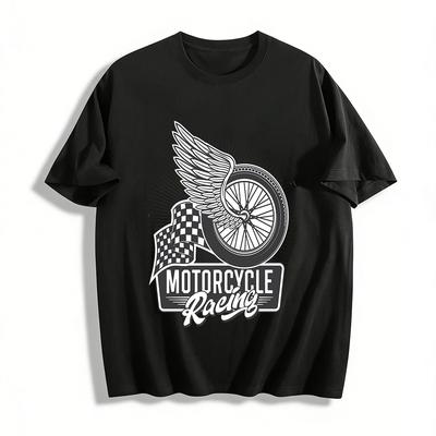 Vintage Motorcycle Racing Wing Tire Print Casual Short Sleeve T-Shirt Pure Cotton T-shirt
