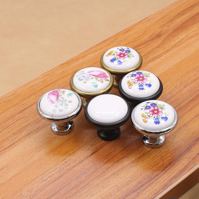 Single Hole Zinc Alloy + Ceramic Handle Painted Kitchen Vintage Door Drawer Handle Cabinet Pulls Knob with 25mm Screw