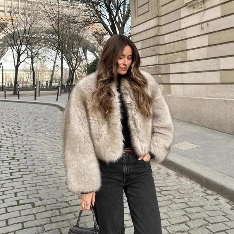 

Новая шуба из искусственного меха, мягкий меховой воротник, широкие манжеты, свитер, джинсы, модный дизайн, осень-зима S серый