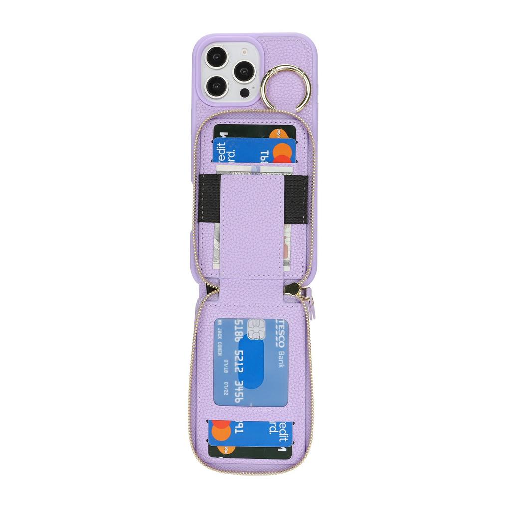 For iPhone 16 Pro Max Case with Zipper Pouch/Ring Kickstand/Strap Litchi Texture PU + TPU Phone Cover