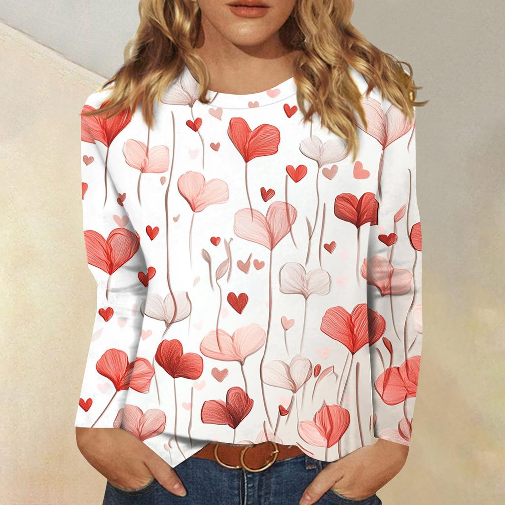Long Sleeve Shirts For Women Cute Print Graphic Tees Blouses Casual Plus Size Basic Tops Pullover Valentine's Day