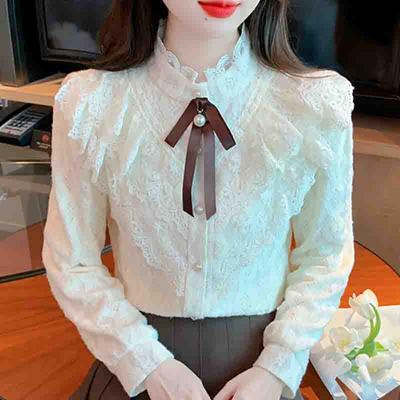 Winter Mode Neue 2024 Langarm Bogen Stehkragen Rüschen Apricot Samt Spitze Bluse Shirt Frauen Tops Blusen Shirts J809
