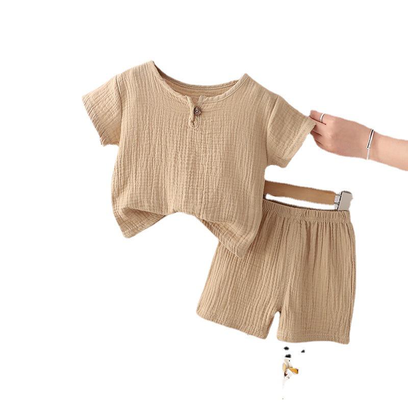 Summer Cotton Linen Boys' Crew Neck Short Sleeve and Shorts Two-Piece Set