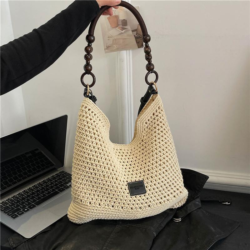 Summer Woven Cotton Tote With Bead Decoration For Beach And Holiday Essentials
