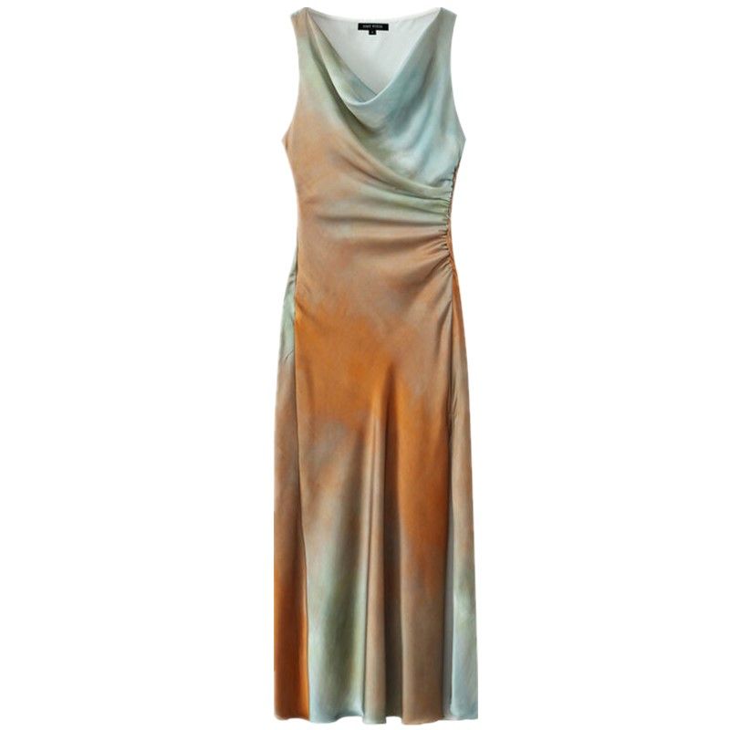 Fashion Style 2024 Summer New Arrival Female Ruched Tie-Dye Floral Print Slit Mid Length Long Length Dress 3031200 330