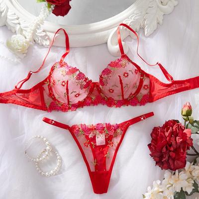 Cross-border European & American Sexy Floral Embroidery Lingerie Set: Underwire Push-Up Bra & See-Through Panties