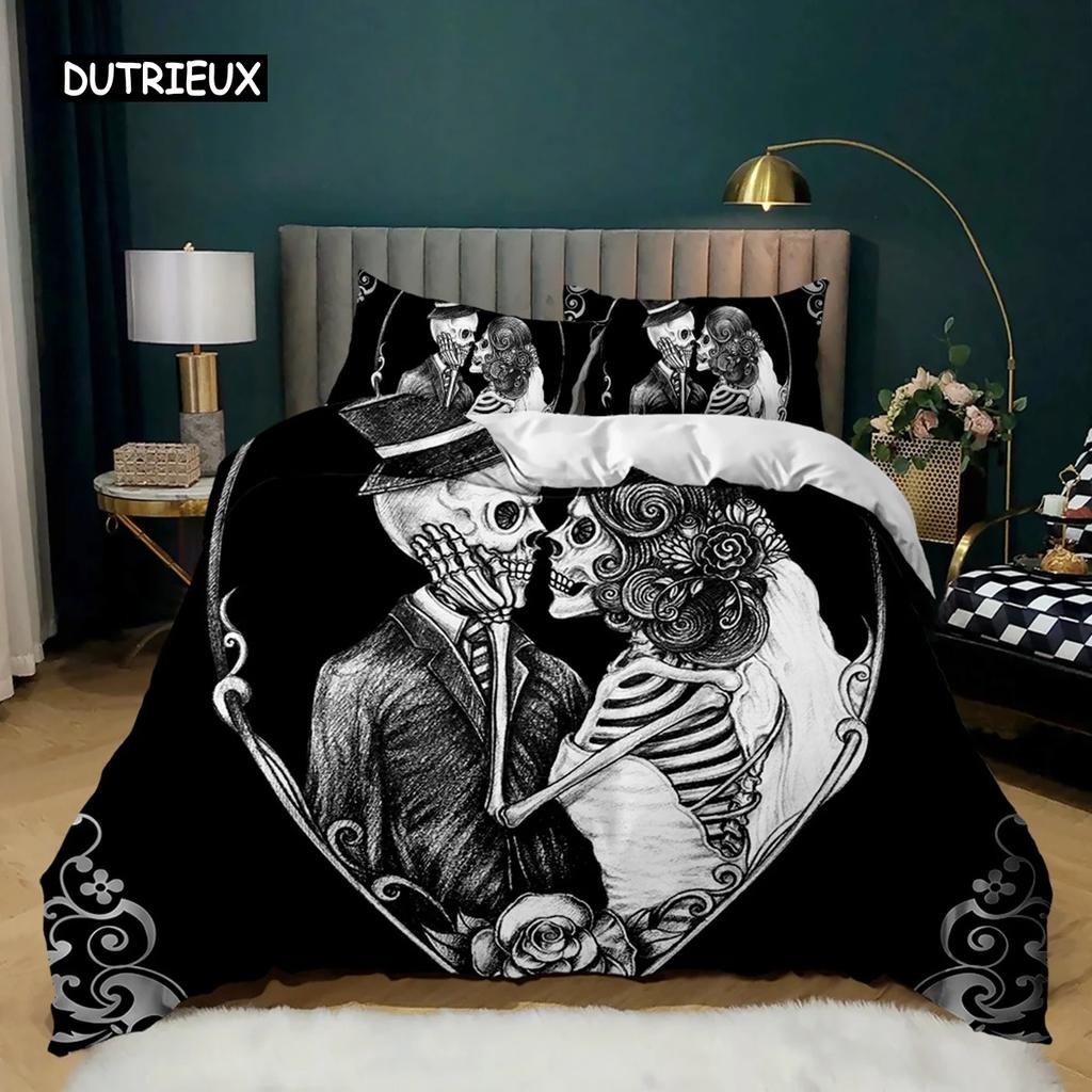 Skull Duvet Cover Set Rose Twin Skeleton Kiss Comforter Cover Teens Gothic Skeleton Double Queen King Size Polyester Qulit Cover