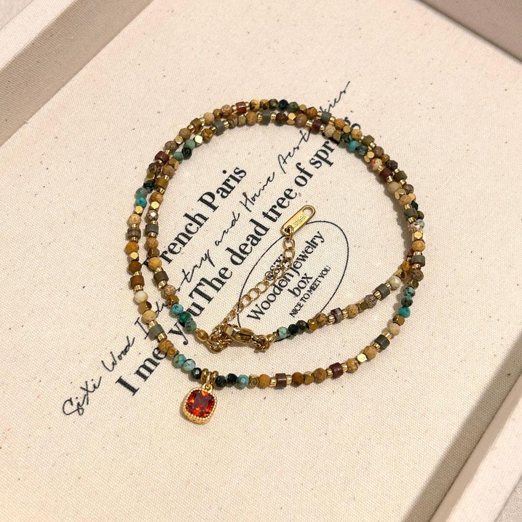 Vibrant Natural Stone Beaded Layered Necklace with Retro Pendant Choker Design for Women