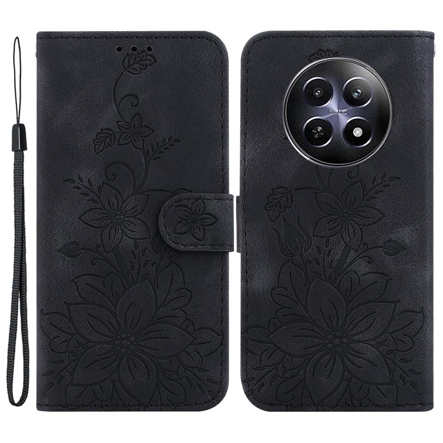 

For Realme 12 5G/12x 5G Case Wallet Flower Imprint Phone Cover with Foldable Stand Black