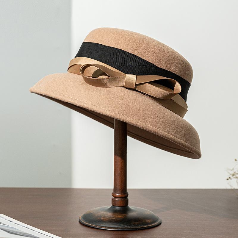 Autumn and Winter New Wool Felt Hat Hepburn Style Female Versatile Elegant Dome Bow