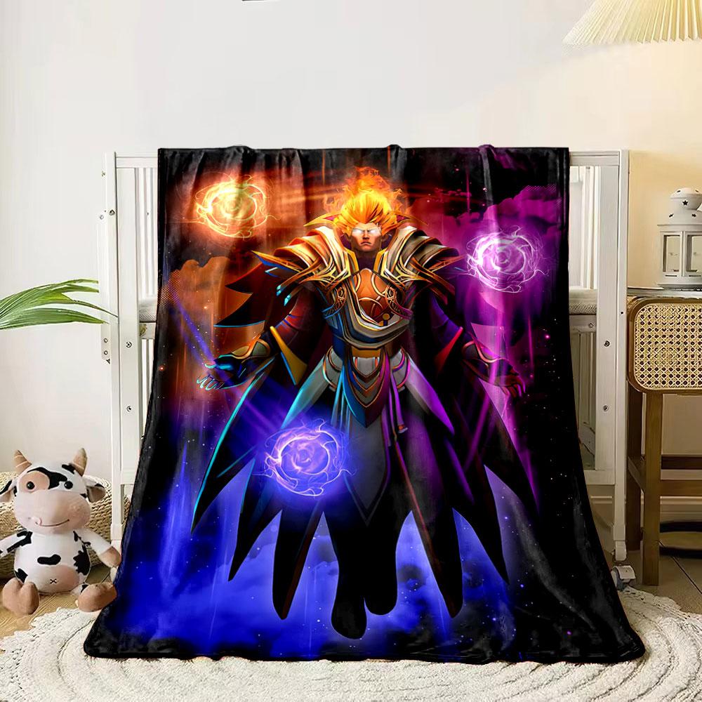 A vibrant figure surrounded by glowing orbs, flames, and radiant armor. for all seasons blanket lunch break throw gift