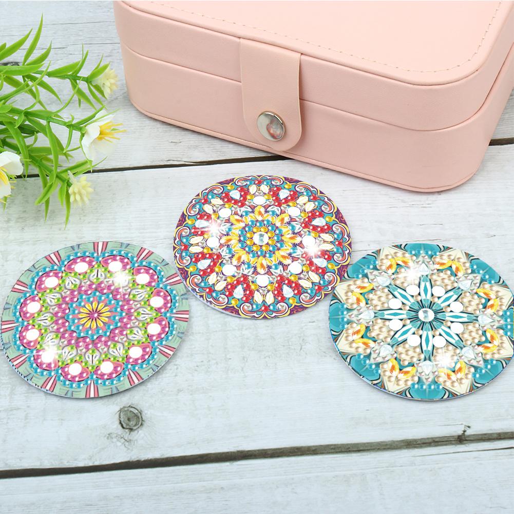 Rhinestone Embroidery Mosaic Makeup Mirror 3pcs Portable DIY Diamond Art Mosaic Makeup Mirror Art Craft Set Datura Pocket Mirror