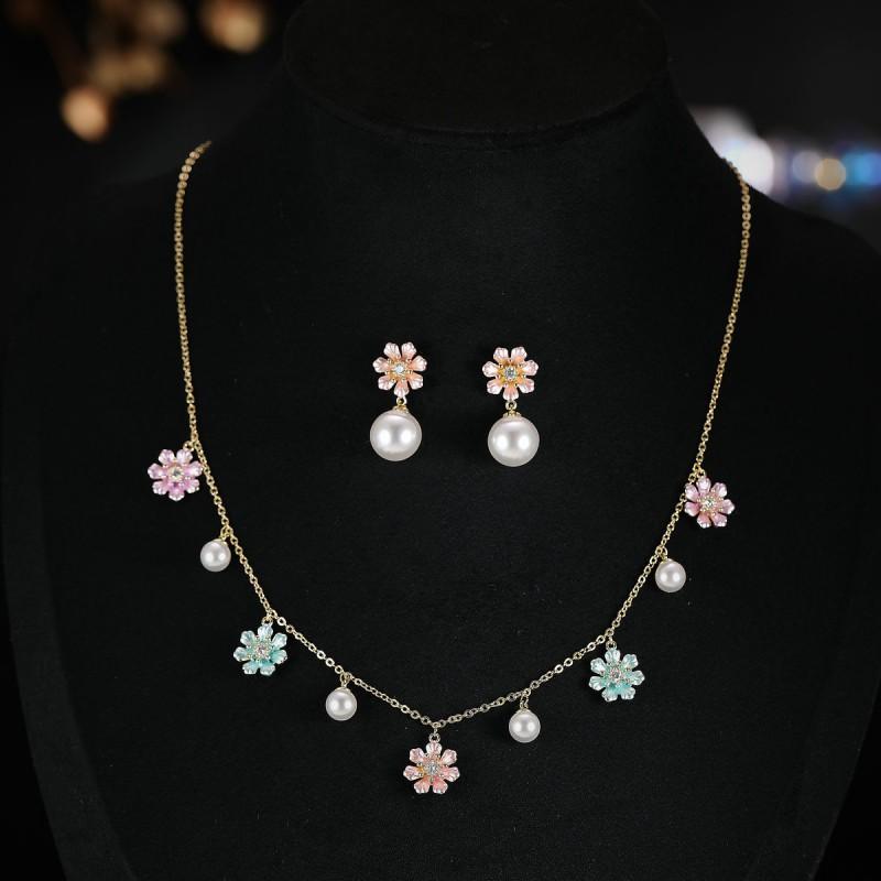 Handmade Floral Pearl Necklace Set Women Pink Blue Flower Design Lightweight Elegant Jewelry Casual Party Wear