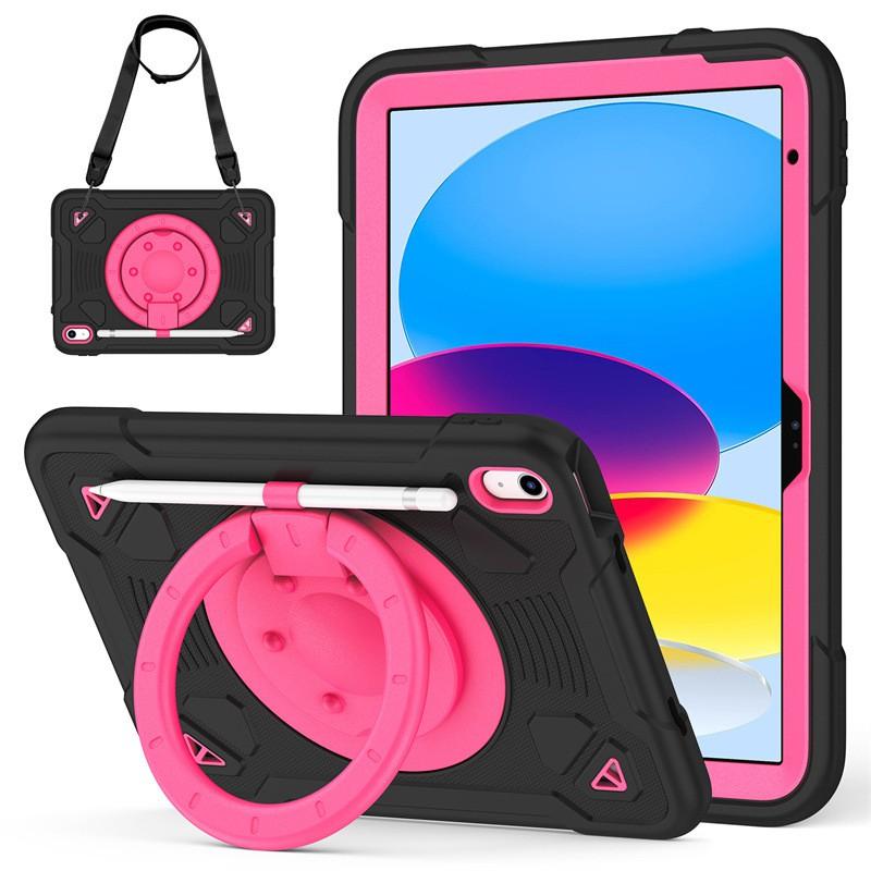 IPad 11th Gen 10.2 Inch Silicone PC Case With Wrist Strap Rotating Stand Pen Slot Full Protection Cover
