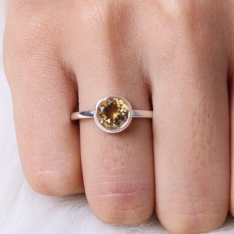 

Серебро 925 пробы, круглое кольцо с драгоценным камнем с цитрином, кольцо ручной работы, штабелируемое кольцо, подарок для нее, ювелирные изделия с камнем 6.5