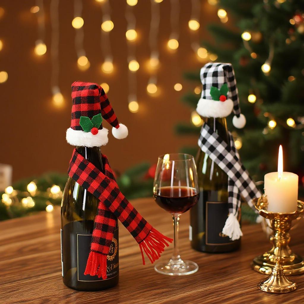 Festive Gingham Wine Bottle Covers - Tabletop Christmas Decoration Set
