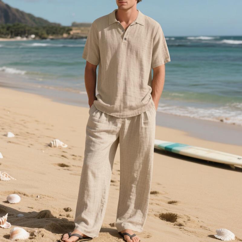 European Men's Casual Linen Short-Sleeve Shirt & Long Pants Set - Breathable Cotton Blend Two-Piece