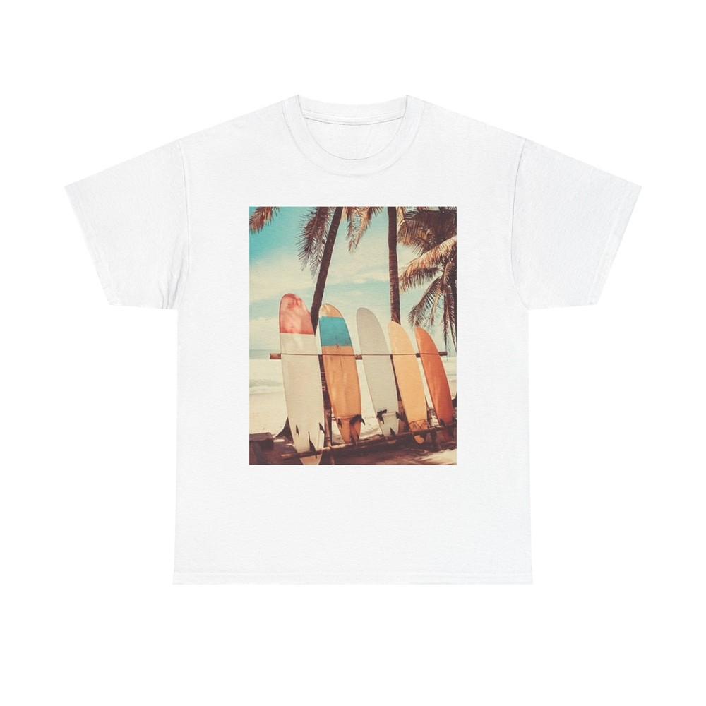 Surfboards On The Beach T Shirt Retro Graphic Unisex Heavy Cotton Tee Unisex T-Shirt XL