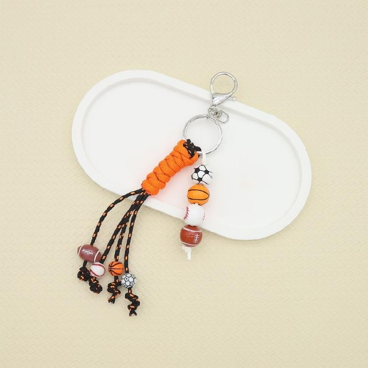 Pack of 4 Fashionable Sporty Keychains Handwoven Polyester Rope Wood Bead Basketball Baseball Football Themes Keyring