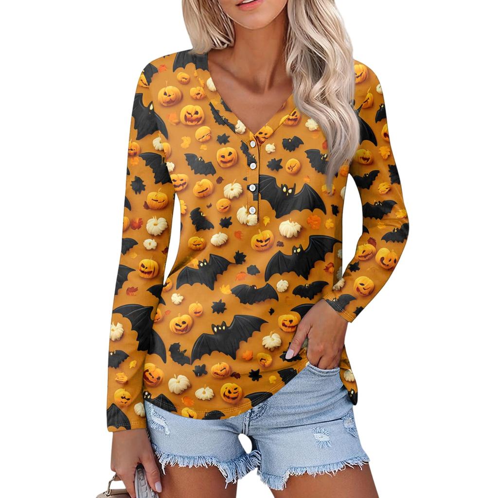 Women's Casual Fashion Sexy Comfort Halloween Printed V-Neck Button Long Sleeve