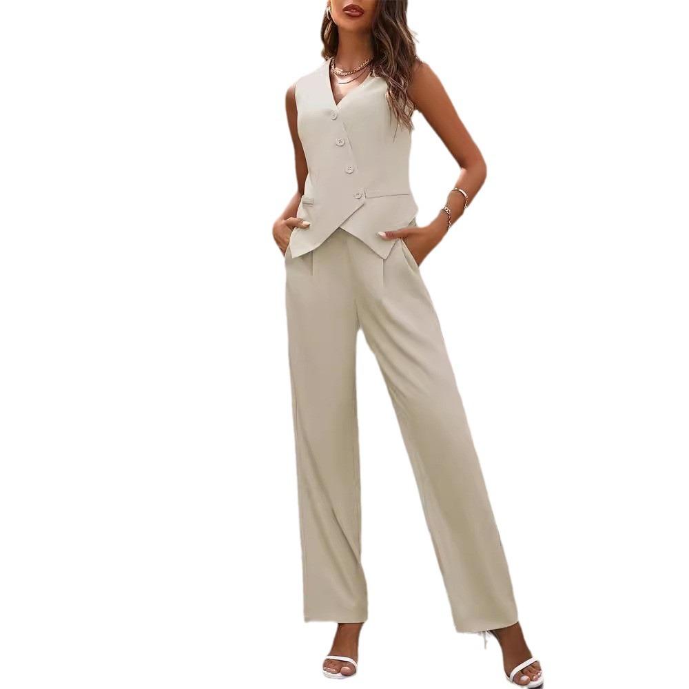 Women's Sleeveless Vest and Wide Leg Pants Set, Light Beige