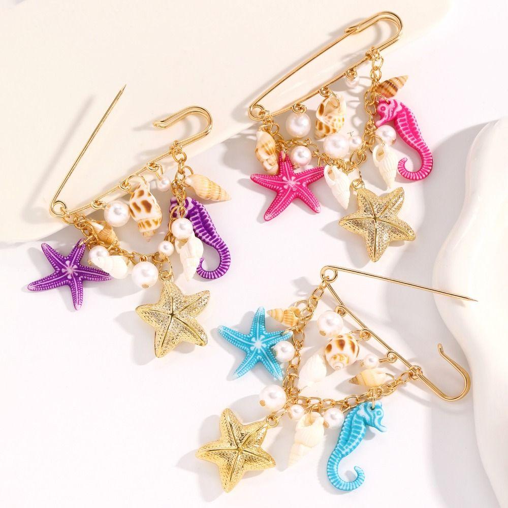 Bead Embellished Imitation Pearl Brooch Gold Color Conch Brooch Accessory Gift Giving