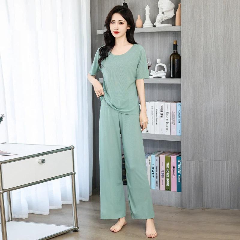 Women's Ice Silk Pajama Set Short Sleeve O-Neck Top & Wide Leg Pants Breathable Summer Loungewear