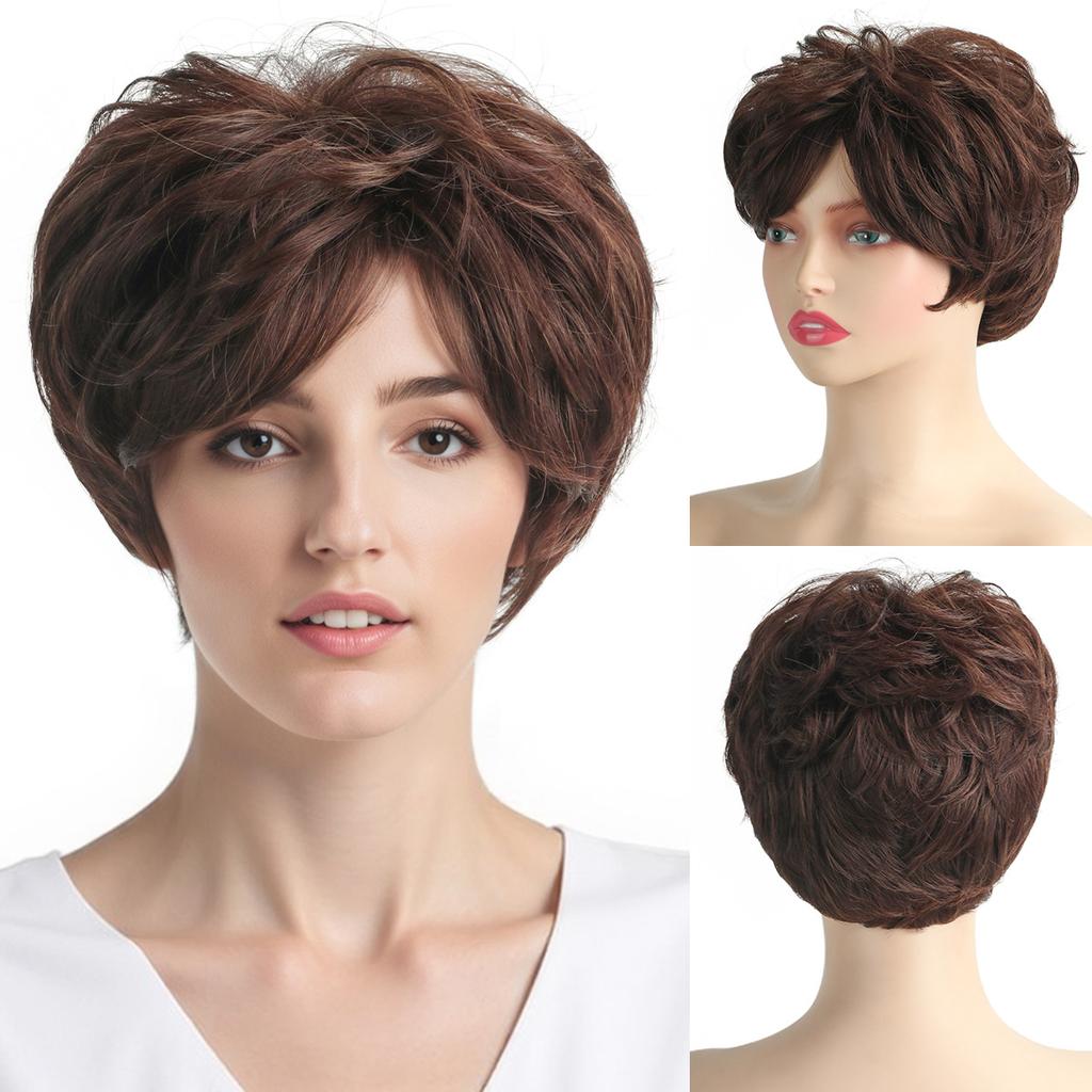 Women Synthetic Short Brown Hair with Bangs Natural Wave Layered Wigs For Daily Cosplay Heat Resistant Fiber