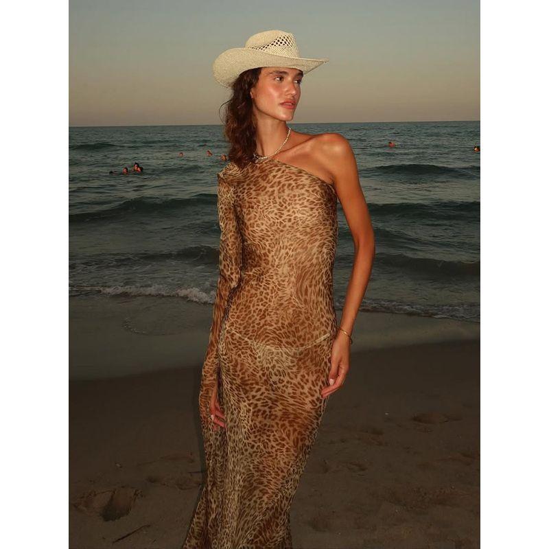 

European and American Foreign Trade New Leopard dress Sexy Perspective Sloping Shoulder Long sleeve Gyaru Long dress Bikini cover-up Women Leopard print S