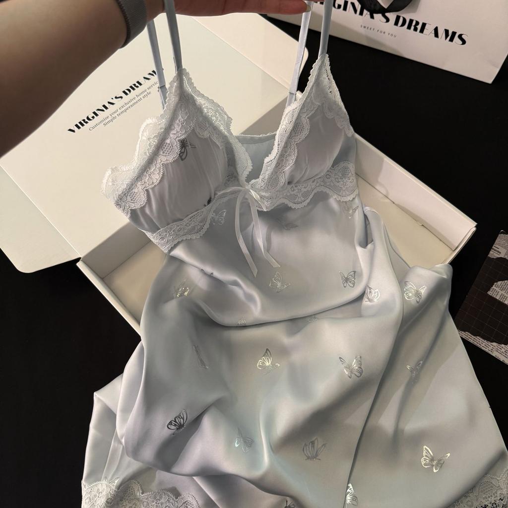 Ice Silk Women's Summer Sexy Suspender Nightdress Love Ironing Silver Butterfly Loose Pajamas Lace Silk Loungewear
