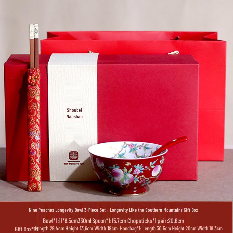 High-Temperature Underglaze Porcelain Longevity Bowl with Chopsticks and Spoon - Ideal Gift for 80th Birthday