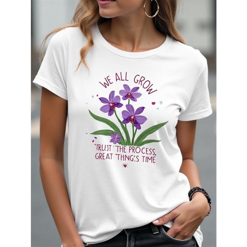 Womens White Round Neck T-Shirt | Floral & Inspirational Print, Soft Pink Lettering & Lily Design, Casual Short Sleeve, Machine Washable, S белый