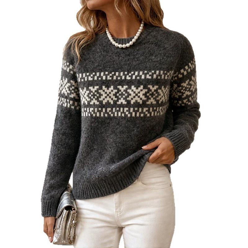 Women Vintage Geometric Jacquard Knit Sweater Raglan Crew Neck Loose Fit Casual Base Layer