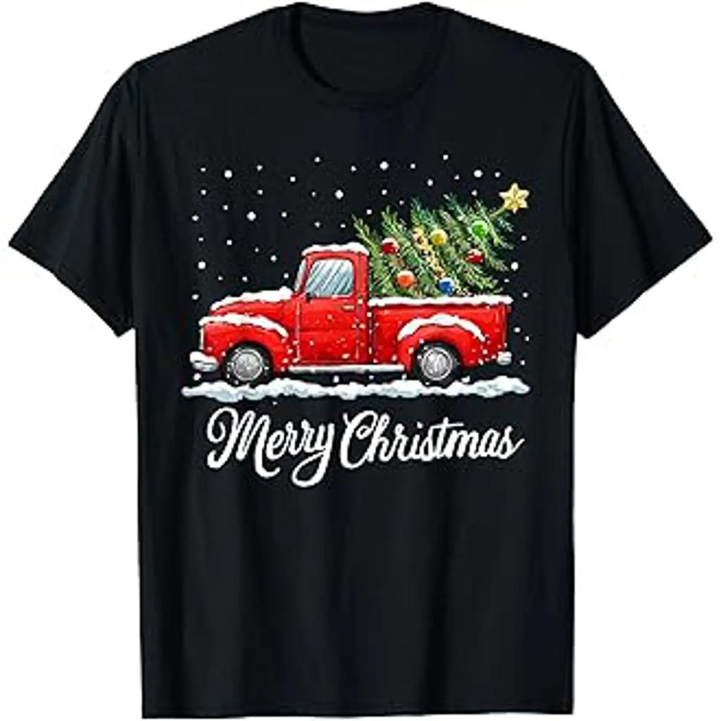 Vintage Merry Christmas Red Truck Old Fashioned T Shirt Vintage Washed Streetwear Stretched Homme Slightly Soft Graphic
