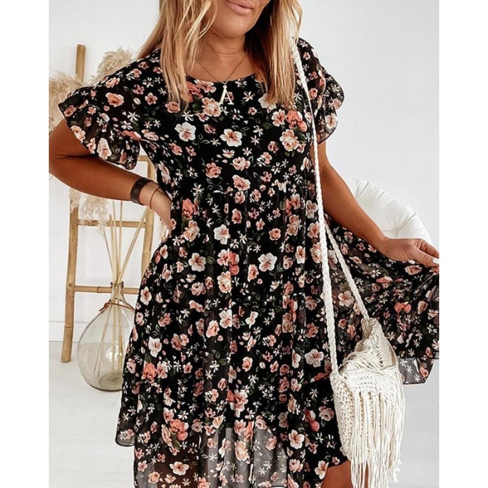 2025 Spring Summer Round Neck Flower Printed Short Sleeve Loose Dress Fashionable and Versatile Trend