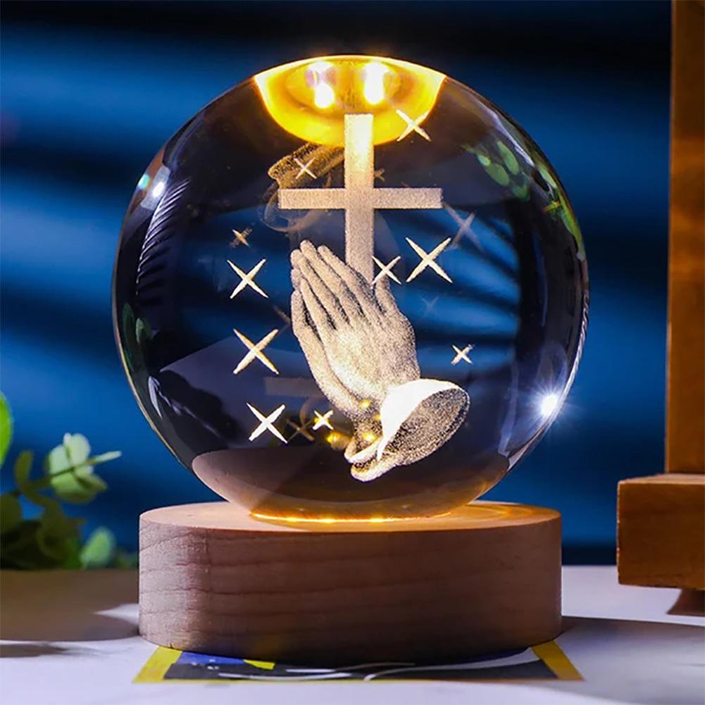 3D Creative Engrave Crystal Ball with Wooden Base USB Charging LED Crystal Ball Night Light Lighted Crystal Ball Art Decoration