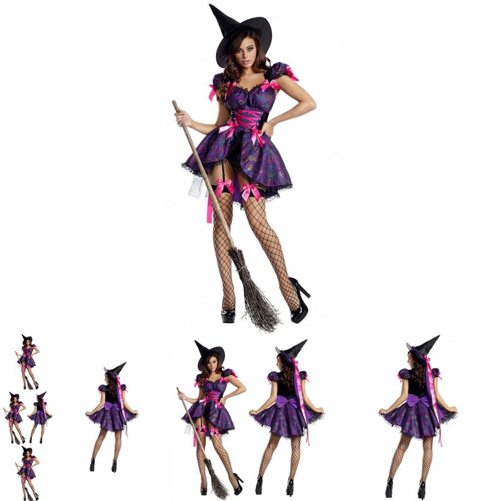 Bezauberndes Lila Halloween-Hexenkostüm für Damen mit magischem Zauberer-Design