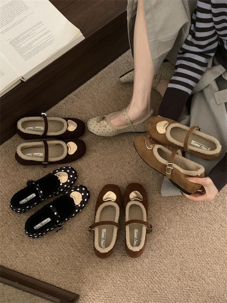 Französische Pailletten-Ein-Wort-Schnalle mit Samt-Mary-Jane-Einzelschuhen Damen 2025 Herbst und Winter neue Lammwolle flachsohlige Ballerinas