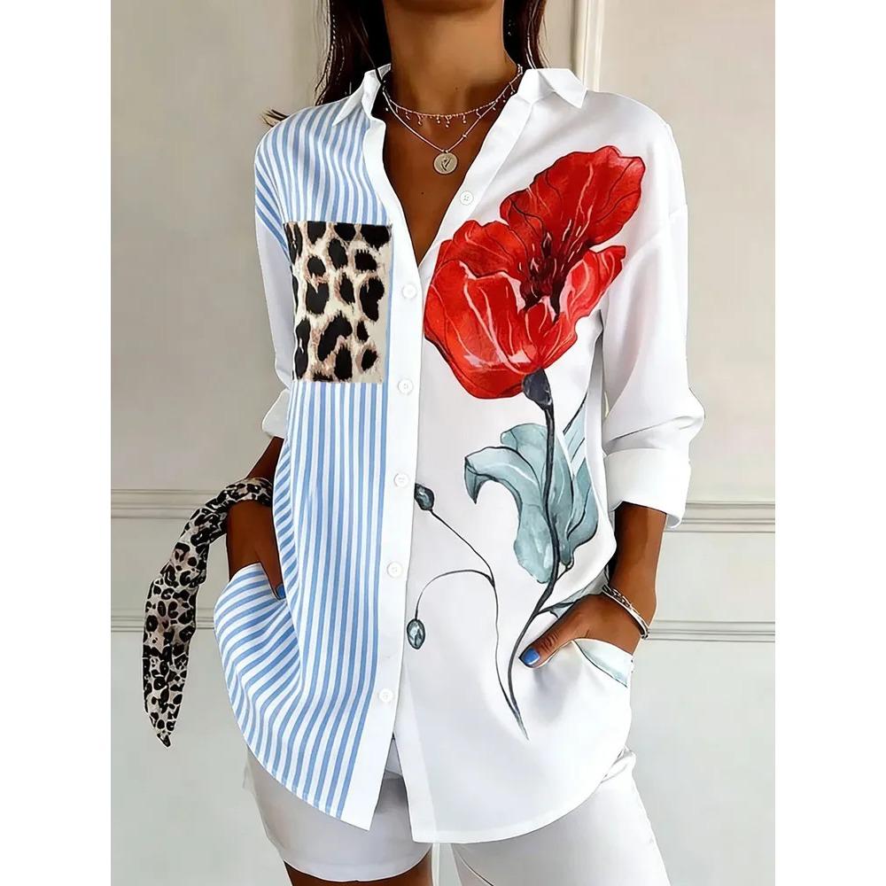 Plus Size Women Long Sleeve Button Shirt Solid Floral Casual Comfort Blouse