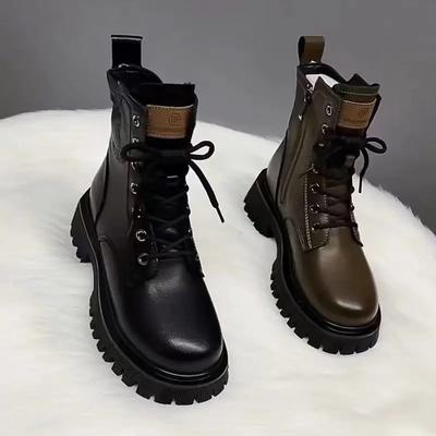 Weiche Leder Motorradstiefel Damen Herbst Winter Neuer Stil Britischer Stil Dicke Sohle Niedriger Absatz Vielseitige Retro Kurze Stiefel
