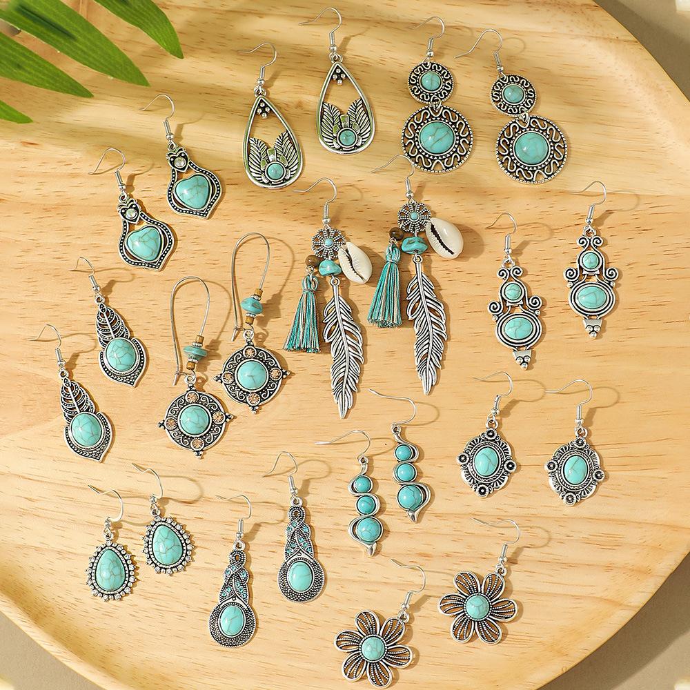 Vintage Earrings Silver Geometric Turquoise Drop Earrings Bohemian Dangle Jewelry for Women