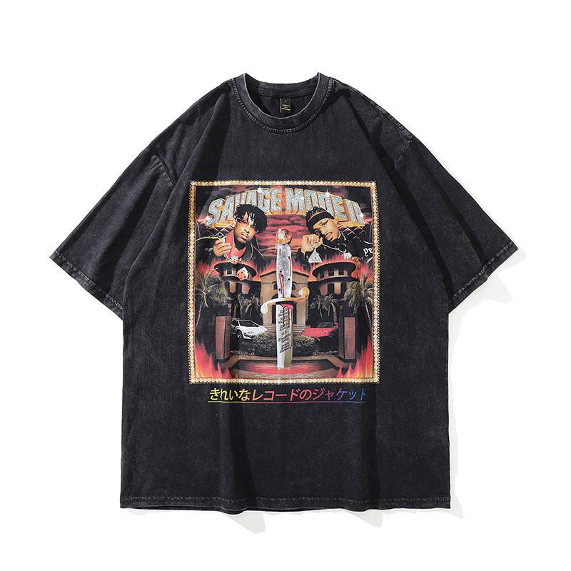 Heavy Cotton American Hip Hop Trendy Brand Retro Printing Washed Old Short-Sleeved T-Shirt Men'S Vintage