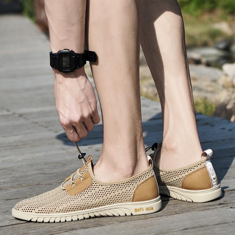 Fashion Men Casual Mesh Shoes Summer Breathable Outdoor Lightweight Hiking Trekking Genuine Leather Sneaker Fashion Soft Sole Low Shoes